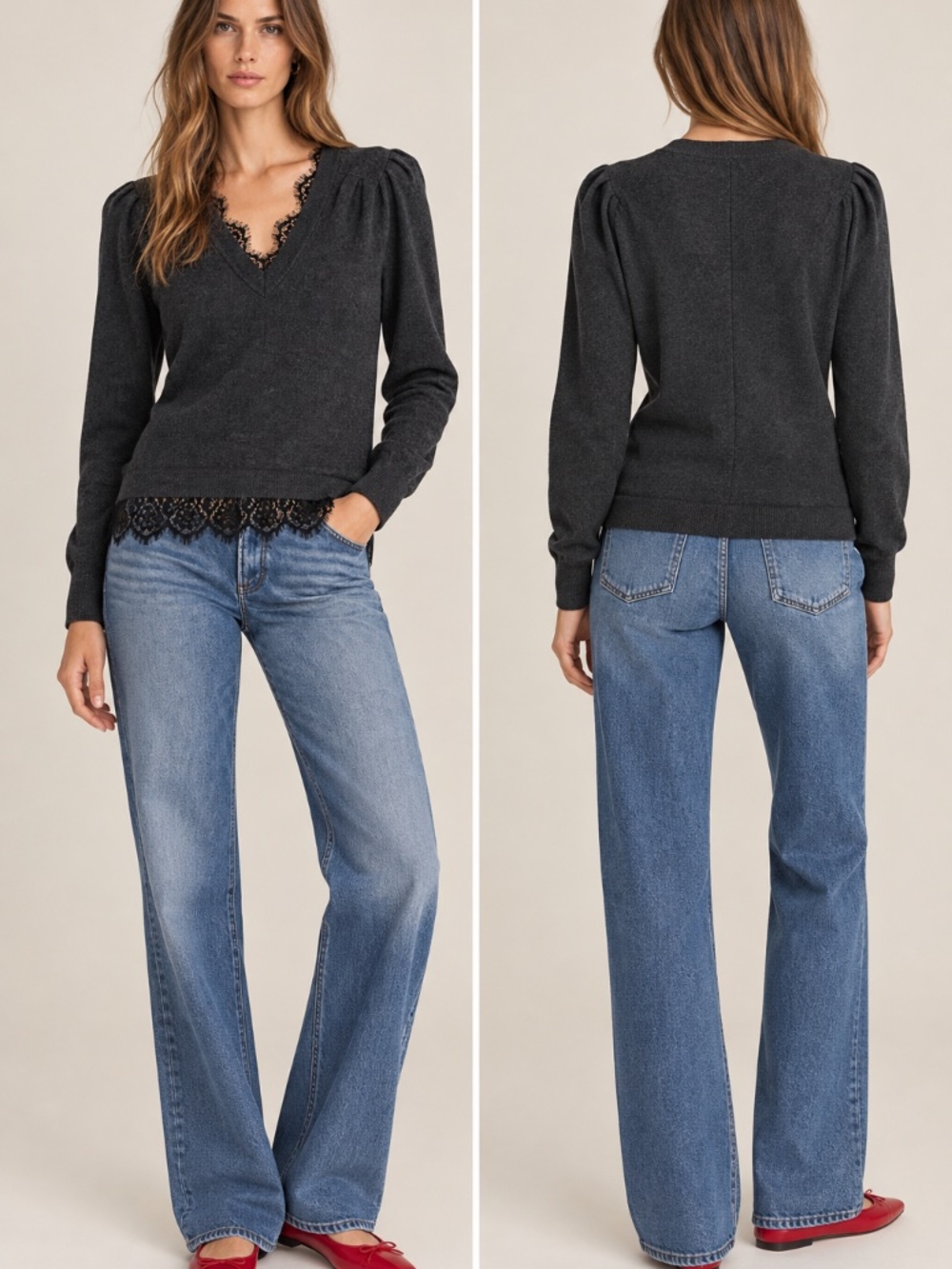 NWT BROCHU WALKER charcoal gray Marcella black Lace V Looker Sweater -Size S